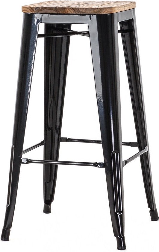 Legend Metalen barkruk zwart - met houten zitting - 77 cm