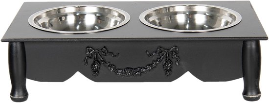 Clayre & Eef Bols d'alimentation pour chien 2x500 ml Noir Bois Fer Rectangle Bols d'alimentation pour chat