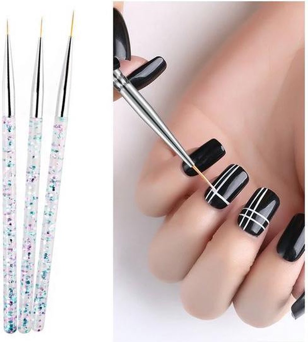 Goedkoopste 3 stuks nail brush pen - glitter handvat