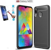 Samsung Galaxy M20 Carbone Brushed Tpu Zwart Cover Case Hoesje - 1 x Tempered Glass Screenprotector
