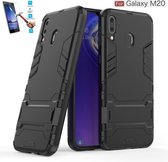 Samsung Galaxy M20 Kickstand Shockproof Zwart Cover Case Hoesje - 1 x Tempered Glass Screenprotector