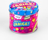 Verjaardag - Snoepblikje - Voor de jarige! - Gevuld met een verpakte toffeemix - In cadeauverpakking met gekleurd lint