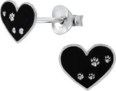 Joy|S - Zilveren hartje oorbellen 9 x 8 mm zwart met dierenpootjes