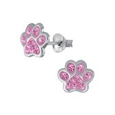 Joy|S - Zilveren kat hond dieren poot oorbellen 8 mm kristal roze - dierenpoot