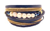 Armband Dames Blauw- Leren Wikkelarmband Galeara design Perla 21,5cm met Parels Goudkleurig