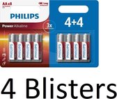 32 Stuks (4 Blisters a 8 st) Philips Power Alkaline AA Batterij 4+4