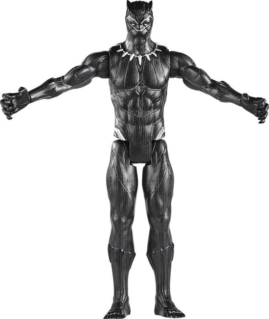 Black Panther speelfiguur met gespreide armen, glanzend zwart pantser en zilverkleurige details.