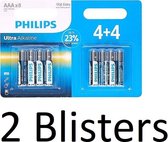 16 Stuks (2 Blisters a 8 st) Philips Ultra Alkaline Lr03/aaa Batterijen 4+4