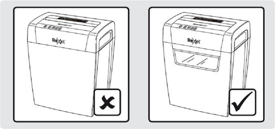 Illustraties van een Rexel papierversnipperaar met een kruisje en een vinkje.
