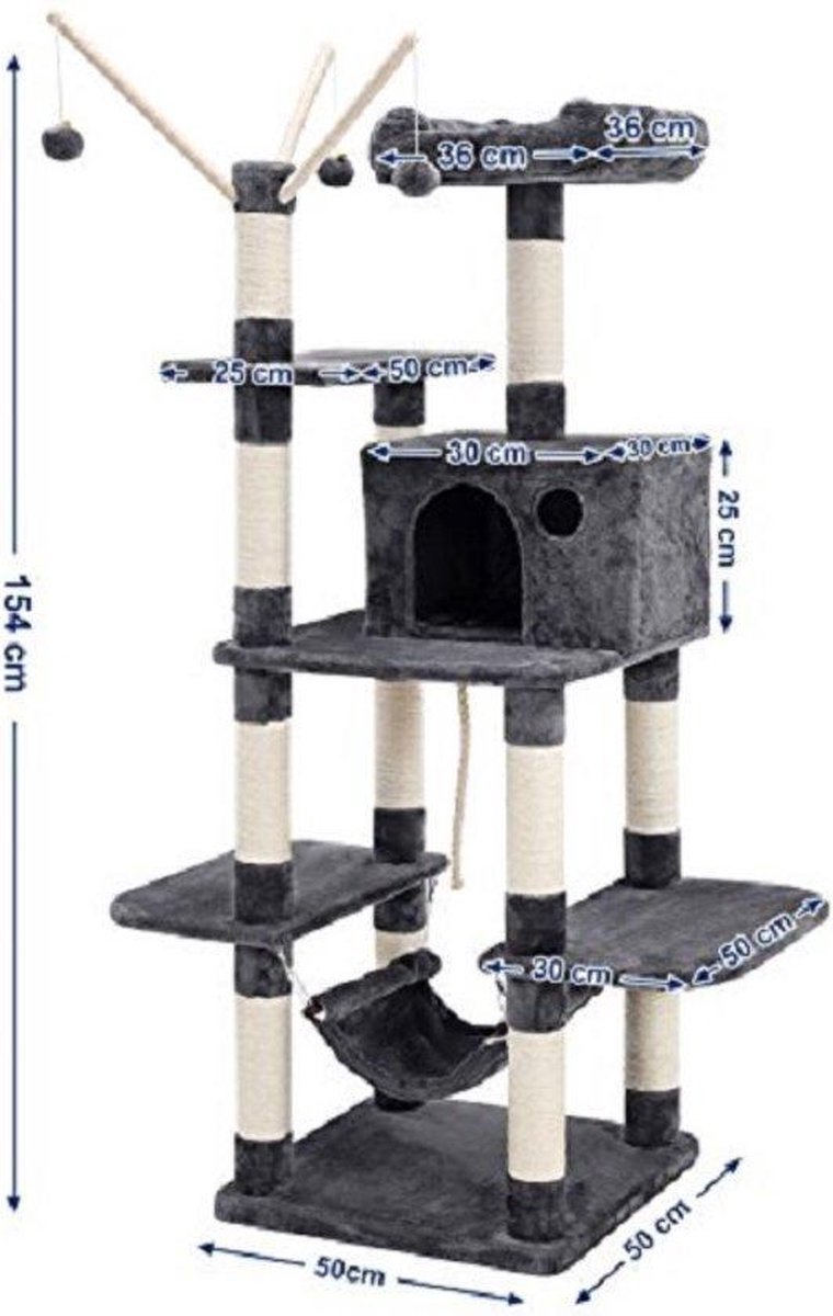 Nancy's Krabpaal Voor Katten - Kattenboom Grijs - Inclusief Hangmat - 154cm Hoog