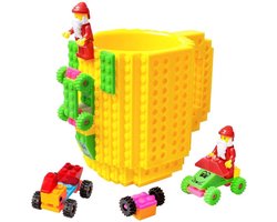Build on Brick Mug - geel - 350 ml - bouw je eigen mok met bouwsteentjes - BPA vrije drinkbeker cadeau voor kinderen of volwassenen - koffie thee limonade of andere dranken - pennenbeker - creatief accessoire voor op bureau -HnD