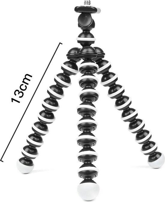 Een zwart-wit flexibel mini-statief met drie poten, met een hoogteindicatie van 13cm.