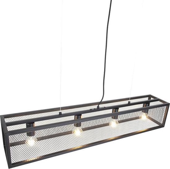 QAZQA cage_wire - Industriele Hanglamp voor boven de eettafel | in eetkamer - 4 lichts - L 995 mm - Zwart - Industrieel - Woonkamer | Slaapkamer | Keuken