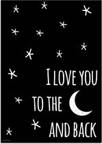 DesignClaud I love you to the moon and back - Kinderkamer poster Zwart wit A4 + Fotolijst zwart