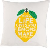 Dutch Decor LARA - Kussenhoes katoen 45x45 cm - ivoor / wit - When life give you lemons make lemonade - citroen - met rits