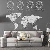Witte grote wereldkaart - londen - new york - tokyo - moskou - woonkamer decoratie - slaapkamer - muursticker - afmeting - 145 x 115 cm