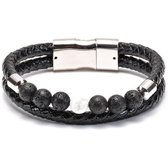 AWEMOZ Armbanden Set - Leer & Natuursteen Kralen - Dubbel Armbandje - Zwart/Wit