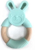 Bijtring siliconen konijn - beukenhout turquoise (baby theether)