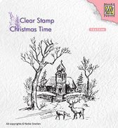 CT027 Stempel Nellie Snellen - Clear Stamps Christmas time - Wintery scene with church & reindeer - kerst dorpje met kerk en rendier