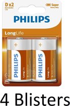 8 Stuks (4 Blisters a 2 st) Philips Longlife Zinc D Batterijen