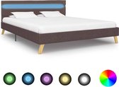 Bedframe Bruin Taupe 140x200 cm Stof met LED (Incl LW Led klok) - Bed frame met lattenbodem - Tweepersoonsbed Eenpersoonsbed