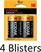8 Stuks (4 Blisters a 2 st) Kodak XTRALIFE alkaline D
