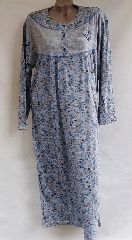 Dames lange katoenen nachthemd lang mouw met bloemenprint grijs/blauw XL  42-44 | bol.com