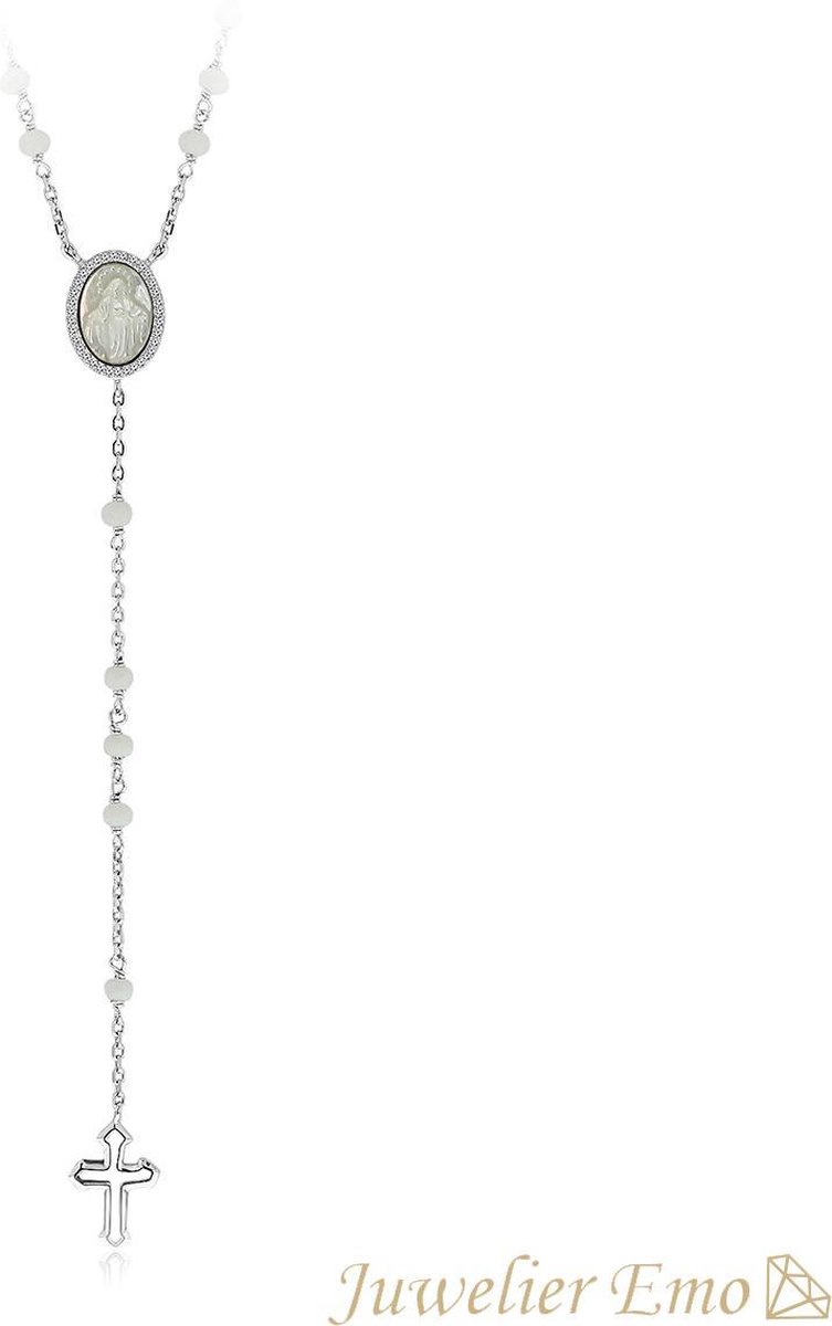Juwelier Emo - Rozenkrans ketting Zilver met Witte stenen - Kruis hanger - 55 CM
