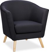 relaxdays fauteuil zwart - armstoel - houten poten - loungestoel - retro - stof