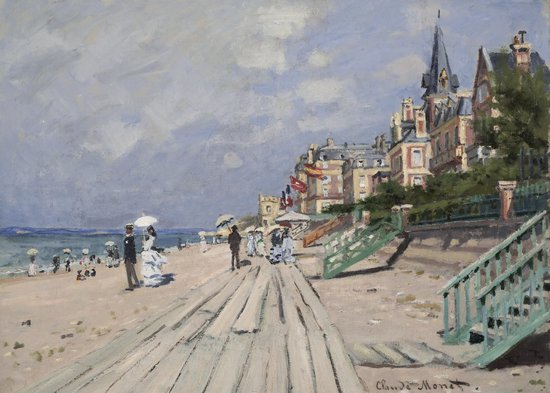 Poster Het Strand van Trouville Frankrijk - Kleur - Geschilderd door Claude Monet - Large 50x70 - Wanddecoratie - ('The Beach at Trouville') - Olie op canvas - Impressionisme Zee