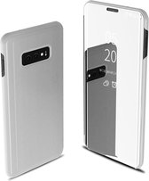 Clear View Mirror Stand Cover + 3D Full Cover 9H Tempered Glass Screenprotector voor de Galaxy S10e _ Zilver