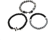 Armband heren - kralen - 3 snoeren - zwart, grijs en zilver - Sorprese - 20 cm - elastisch - model Q - Cadeau