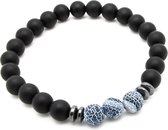 Armband - enkel snoer - kralen - zwart mat en blauw wit craquelé - elastisch - 20 cm - heren - unisex - model T - Cadeau