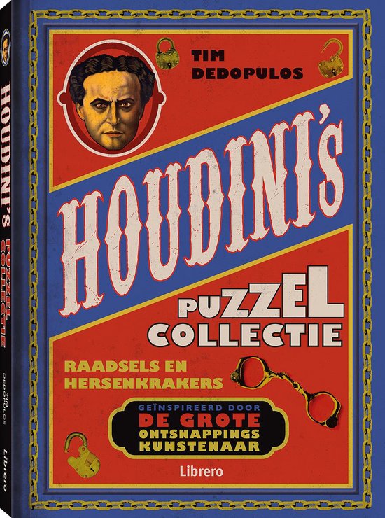 Boekomslag van 'Houdini's Puzzelcollectie' met een portret van Houdini, sloten en kettingen.