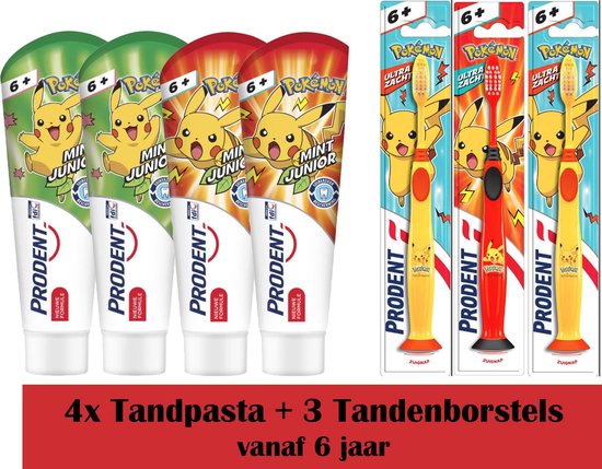 4x Prodent Junior Tandpasta 6+ - 3 x Prodent tandenborstel Pokemon | bol.com