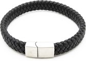 Armband heren – zwart enkel gevlochten leder - leer – plat – zilverkleurige RVS sluiting – magnetische sluiting – 22 cm - model C - Cadeau