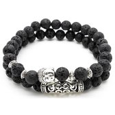 Armband heren – kralen – dubbel snoer – zwart met zilverkleurige (Boeddha) bedels - Sorprese - natuursteen - rond - elastisch – 21 cm - model K - Cadeau