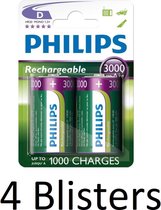 8 Stuks (4 Blisters a 2 st) Philips Rechargeables D Batterij 3000 Mah