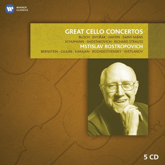 CD-hoes voor "Great Cello Concertos" met Mstislav Rostropovich, 5 CD's.