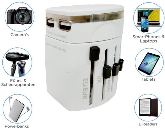 Wit reisadapter met uitschuifbare stekkers voor EU/EUR, UK, AUS/CN, USA en dubbele USB-poorten.