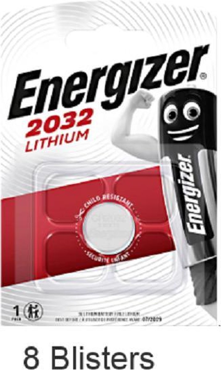 8 stuks (8 blisters a 1 stuk) Energizer CR2032 Knoopcel Lithium 3V 240 mAh