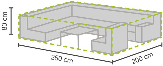 Schematische weergave van een L-vormige loungeset met afmetingen: 260 cm lang, 200 cm breed en 80 cm hoog.