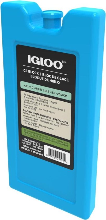 Blauw Igloo koelelement in een lichte hoek, met productinformatie.
