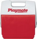 Witte koelbox met rood voorpaneel en 'Playmate Igloo' logo in rood.