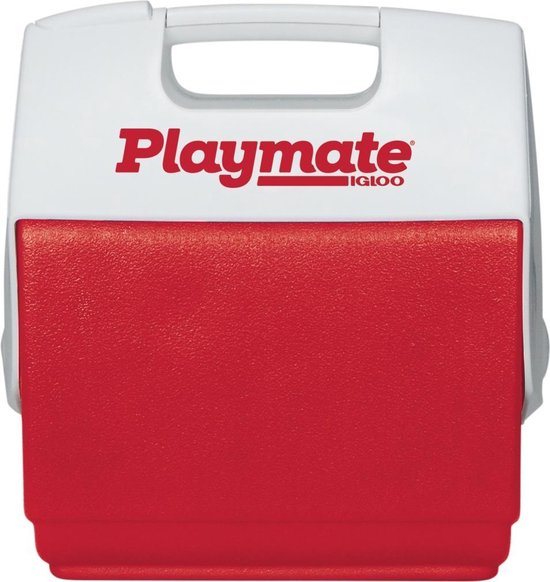 Witte koelbox met rood voorpaneel en 'Playmate Igloo' logo in rood.