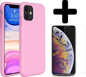 Hoes voor iPhone 11 Hoesje Siliconen Cover Roze Met Screenprotector Gehard Glas