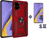Samsung Galaxy A51 Hoesje - Anti-Shock Hybrid Armor met Kickstand Ring & Tempered Glass - Rood