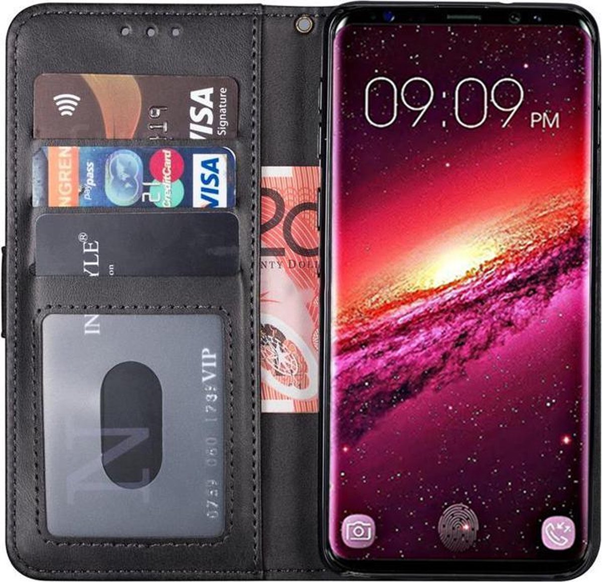 Bijproduct toeter Buitenland Samsung S9 Hoesje - Samsung Galaxy S9 hoesje bookcase met pasjeshouder  zwart wallet... | bol.com