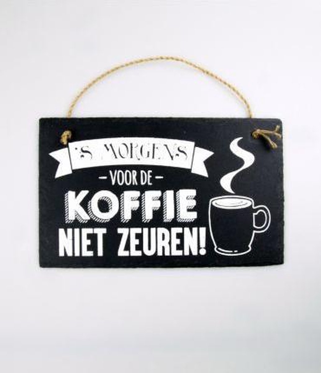 Stoneslogan - Spreuktegel - 's Morgens voor de koffie niet zeuren - In cadeauverpakking met gekleurd lint