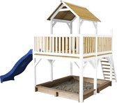 AXI Atka Speeltoestel in Bruin/Wit - Speeltoren met Verdieping, Zandbak en Blauw Glijbaan - FSC hout - Speelhuisje op palen met veranda voor kinderen - Speeltoestel voor de tuin / buiten